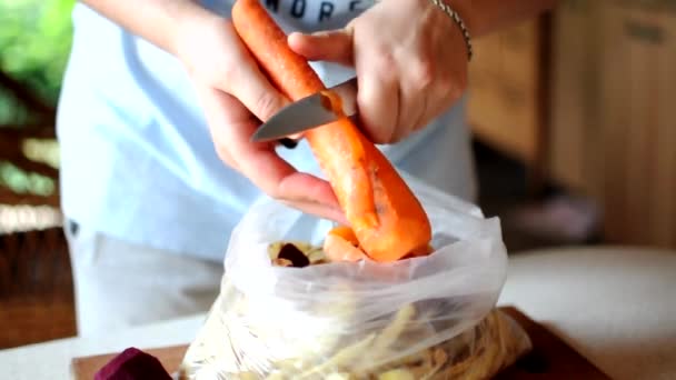 Ein Koch Schält Einer Straßenküche Rohe Möhren Mit Einem Messer — Stockvideo