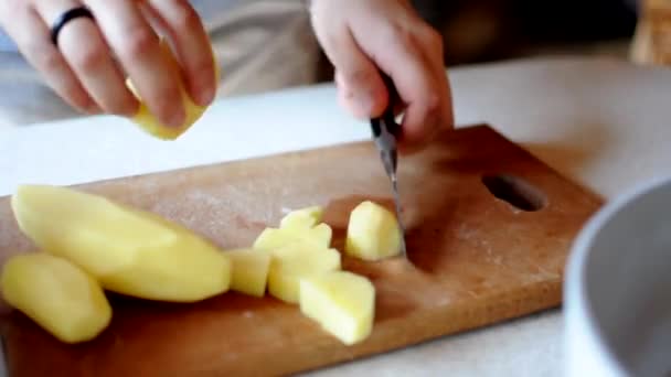 女人用一把锋利的大刀在木板上把土豆削成立方体 — 图库视频影像