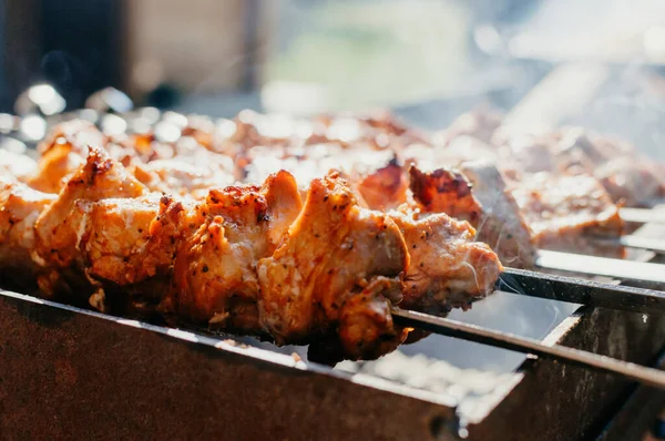 Cocinar Kebabs Cerdo Marinado Parrilla Brochetas Cerdo Frito Fuego Abierto — Foto de Stock