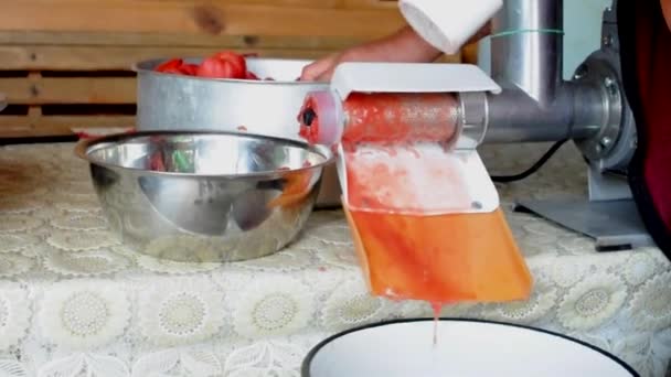 Making Homemade Freshly Squeezed Tomato Juice Electric Machine Tomatoes Processed — Stock Video