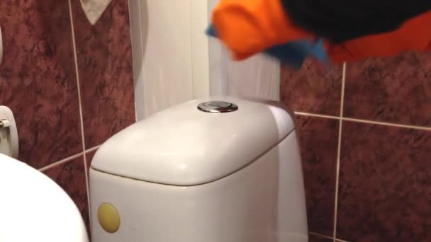 Een Huisvrouw Wast Een Witte Toiletpot Met Een Doek Toiletpot — Stockvideo