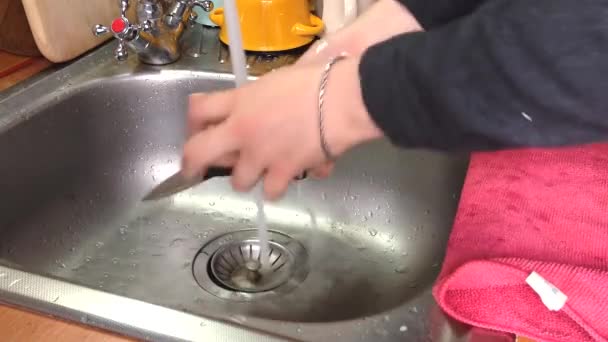 As mãos das mulheres enxaguam a faca na pia da cozinha. A menina está envolvida na limpeza, no final ela fecha a torneira. Lavagem de pratos e conceito de vida cotidiana — Vídeo de Stock