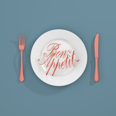 Bon apetit Alıntı Tipografik Arka Plan. çatal ve bıçak 3d render 3d illüstrasyon ile minimal illüstrasyon
