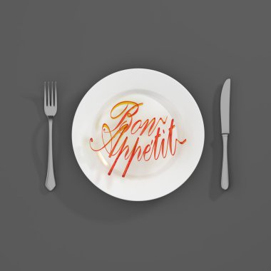 Bon apetit Alıntı Tipografik Arka Plan. çatal ve bıçak 3d render 3d illüstrasyon ile minimal illüstrasyon