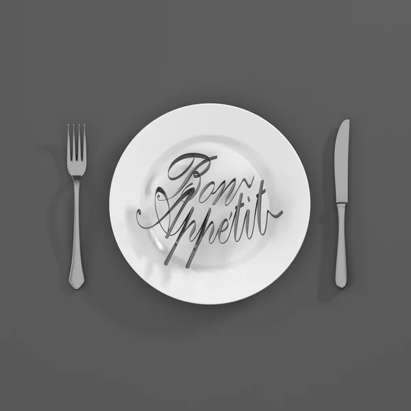Bon apetit Alıntı Tipografik Arka Plan. çatal ve bıçak 3d render 3d illüstrasyon ile minimal illüstrasyon