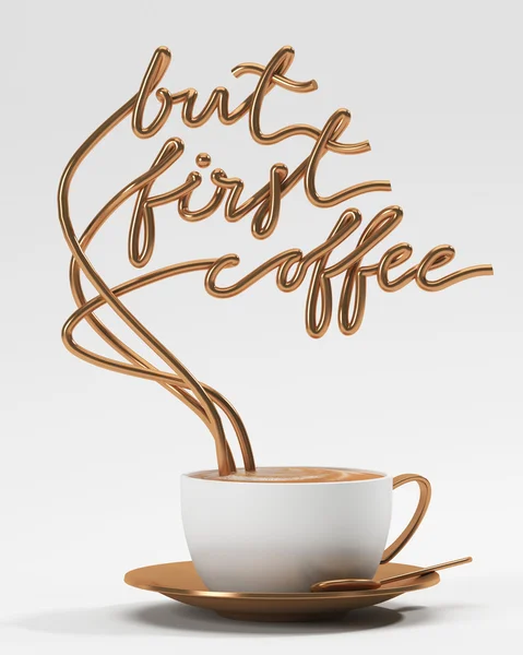 But first coffee quote with cup, typography poster. For greeting cards, prints or home decorations 3D rendering 3D illustration — Stock Photo, Image