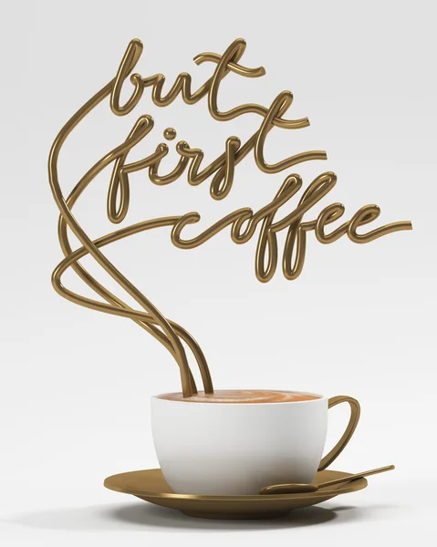 But first coffee quote with cup, typography poster. For greeting cards, prints or home decorations 3D rendering 3D illustration — Stock Photo, Image