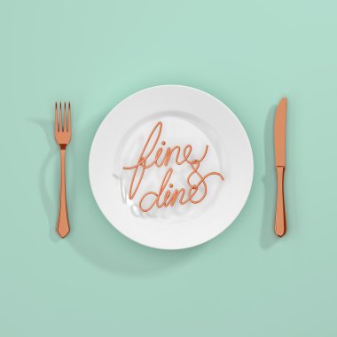 İnce ve dine Alıntı Tipografik Arka Plan. çatal ve kaşık ile minimal illüstrasyon - 3d render 3d illüstrasyon