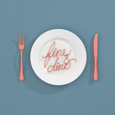 İnce ve dine Alıntı Tipografik Arka Plan. çatal ve kaşık ile minimal illüstrasyon - 3d render 3d illüstrasyon