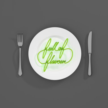 Lezzet Alıntı Tipografik Arka Plan Dolu. çatal ve bıçak 3d render ile minimal illüstrasyon