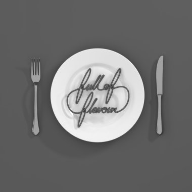 Lezzet Alıntı Tipografik Arka Plan Dolu. çatal ve bıçak 3d render ile minimal illüstrasyon