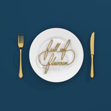 Lezzet Alıntı Tipografik Arka Plan Dolu. çatal ve bıçak 3d render ile minimal illüstrasyon