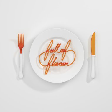 Lezzet Alıntı Tipografik Arka Plan Dolu. çatal ve bıçak 3d render ile minimal illüstrasyon