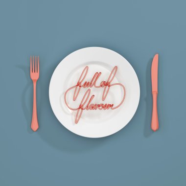 Lezzet Alıntı Tipografik Arka Plan Dolu. çatal ve bıçak 3d render ile minimal illüstrasyon