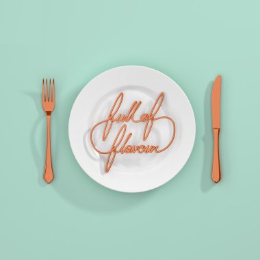 Lezzet Alıntı Tipografik Arka Plan Dolu. çatal ve bıçak 3d render ile minimal illüstrasyon