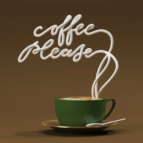 Kávu, prosím, citujte s šálkem, typografickým plakátem. Pro přání, tisk nebo domácí dekorace 3D vykreslování 3D ilustrace — Stock fotografie