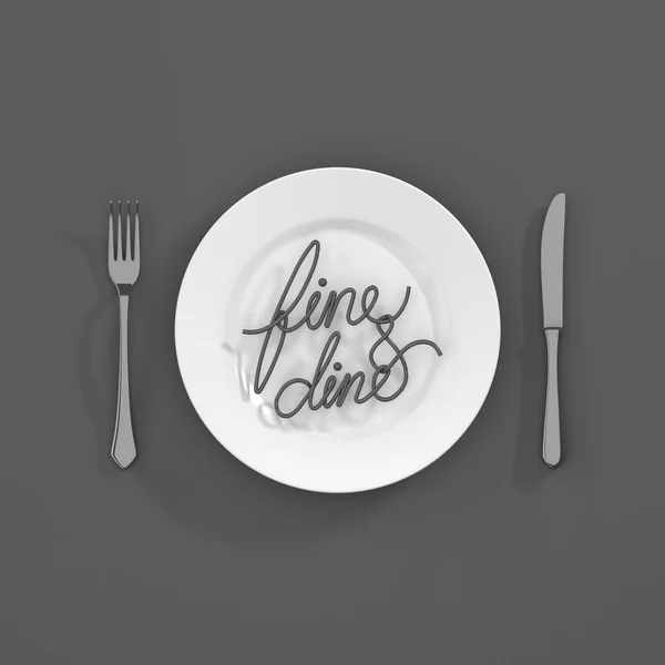 ファインと食事引用タイポグラフィの背景。フォークとスプーンで最小限のイラスト - 3Dレンダリング3Dイラスト — ストック写真