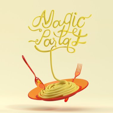 Kaşık ve çatal 3d render 3d illüstrasyon ile Magic makarna teklif