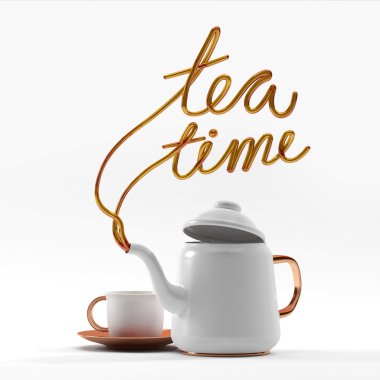 Çay zaman teklif çaydanlık ve bardak 3d render 3d çizim ile