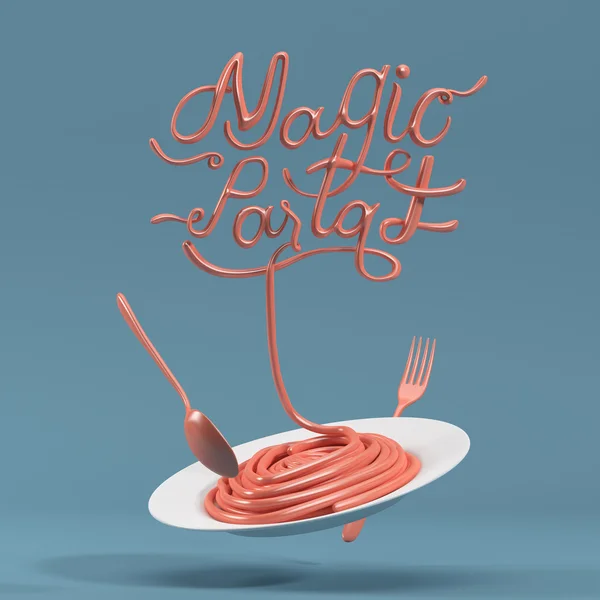 Kaşık ve çatal 3d render 3d illüstrasyon ile Magic makarna teklif