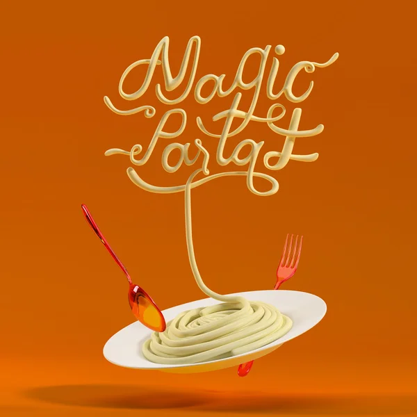 Kaşık ve çatal 3d render 3d illüstrasyon ile Magic makarna teklif
