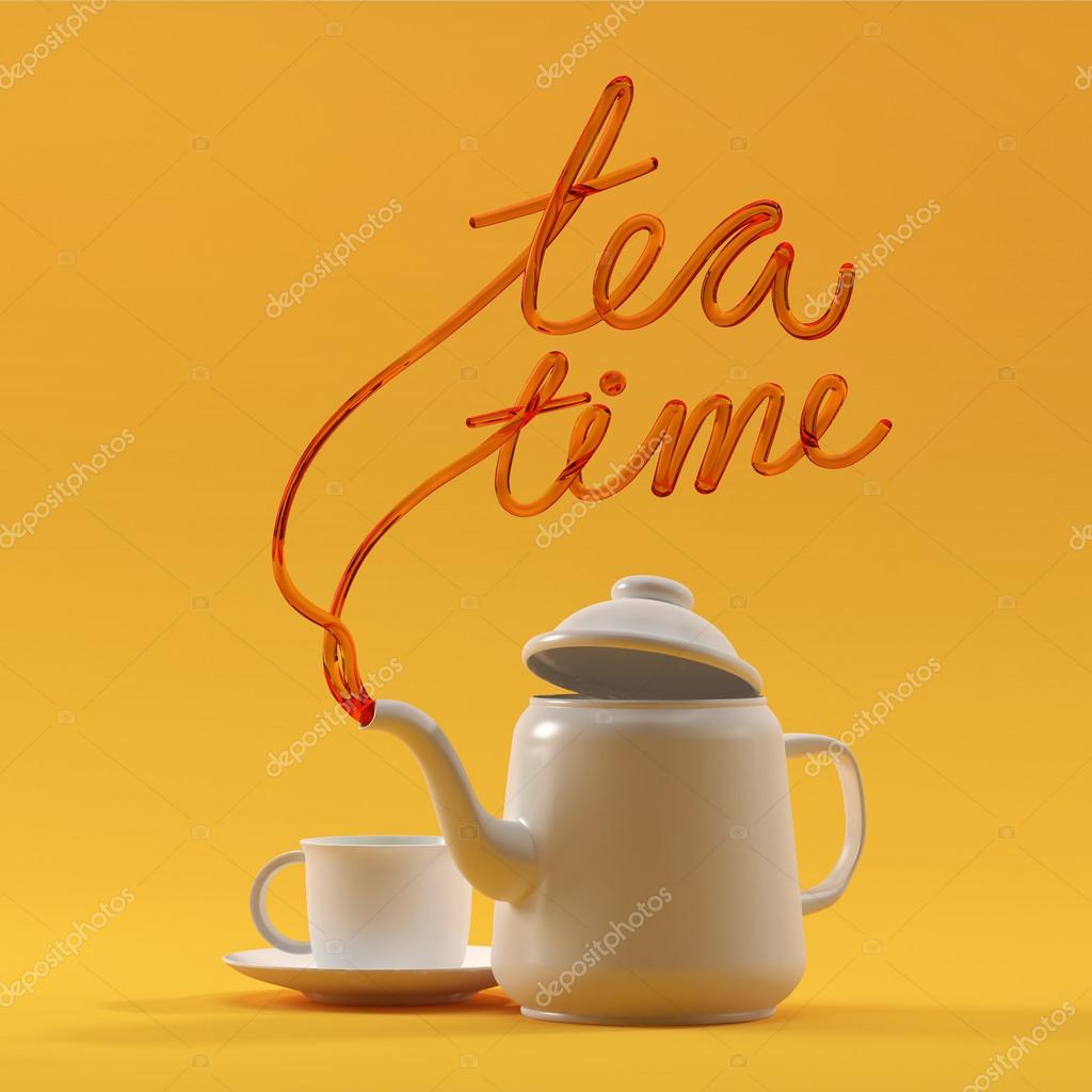 Tea time quote with teapot and cup 3D rendering 3D illustration Stock
