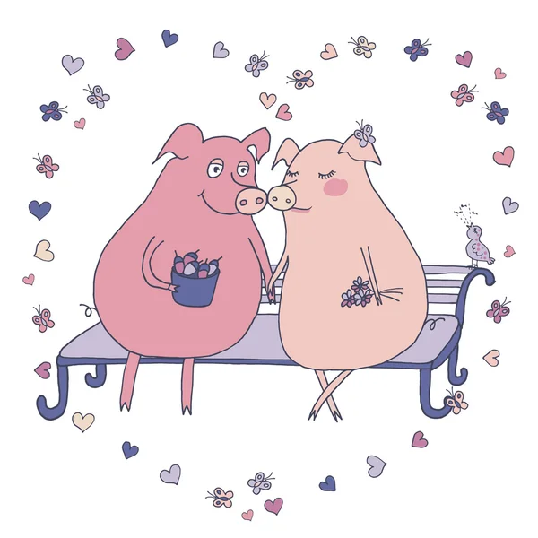 Kochają świnie, siedząc na ławce w sercu motyle — Wektor stockowy