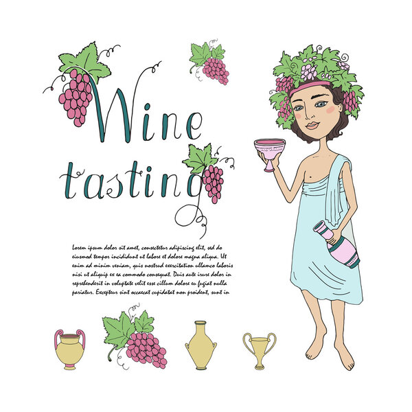 God of wine Bacchus with a glass of wine in hand. Invitation to wine tasting