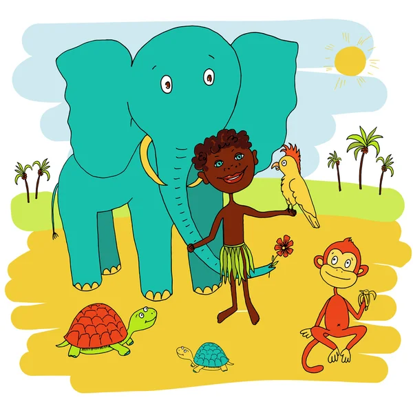 Niño africano con sus amigos elefante, loro, mono, tortuga — Vector de stock