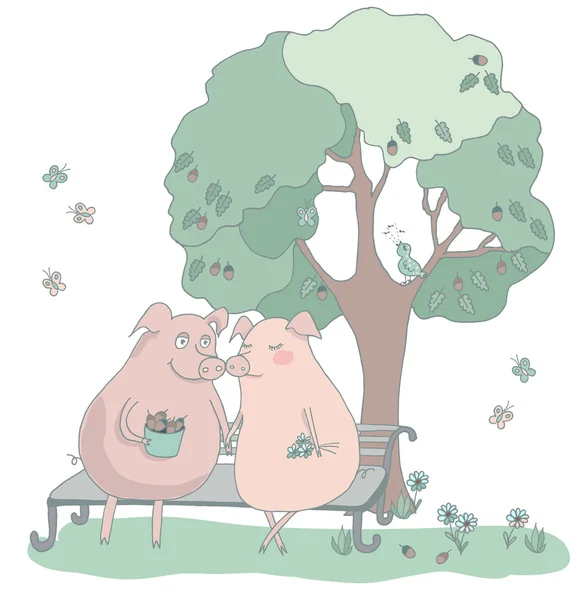 Любить свиней, сидящих на лавочке под деревом с птицей — стоковый вектор