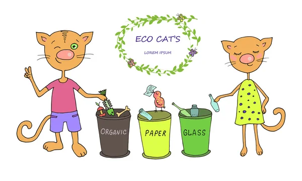 Śliczne koty sortowane odpady — Wektor stockowy