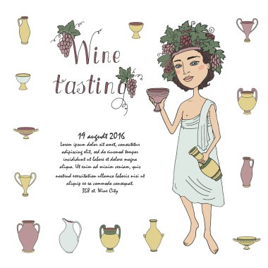God of wine Bacchus with a glass of wine in hand. Invitation to wine tasting vector God of wine Bacchus with a glass of wine in hand. Invitation to wine tasting vector