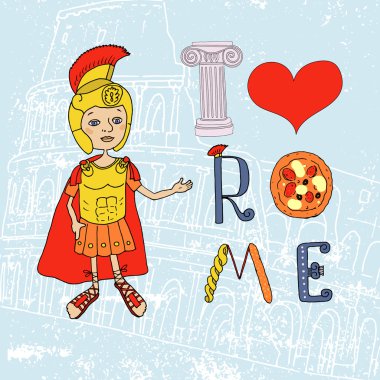 Roma seviyorum. Roma gladyatör ve öğeleri elle çizilmiş harflerle