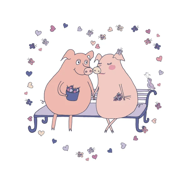 Kochają świnie, siedząc na ławce w sercu motyle — Wektor stockowy