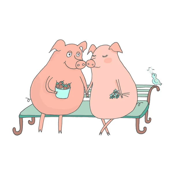 그들의 노래를 노래 하는 새 벤치에 앉아 귀여운 돼지의 커플 — 스톡 벡터
