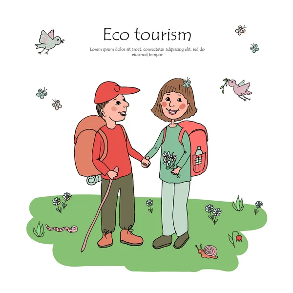 Pareja hombre y mujer con mochilas dedicadas al ecoturismo . — Vector de stock