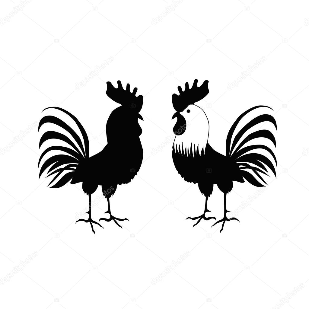 Cocks in hand-drawing style. Rooster symbol of Chinese New Year. Vector illustration. In full growth. Isolated bird on white background