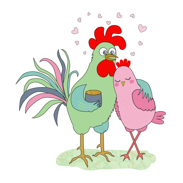 Cute cartoon cock and hen - symbol of 2017. — Stock Vector