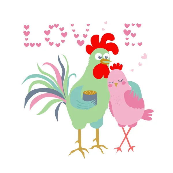 Cute cartoon cock and hen - symbol of 2017. The word Love consisting of hearts. — Stock Vector