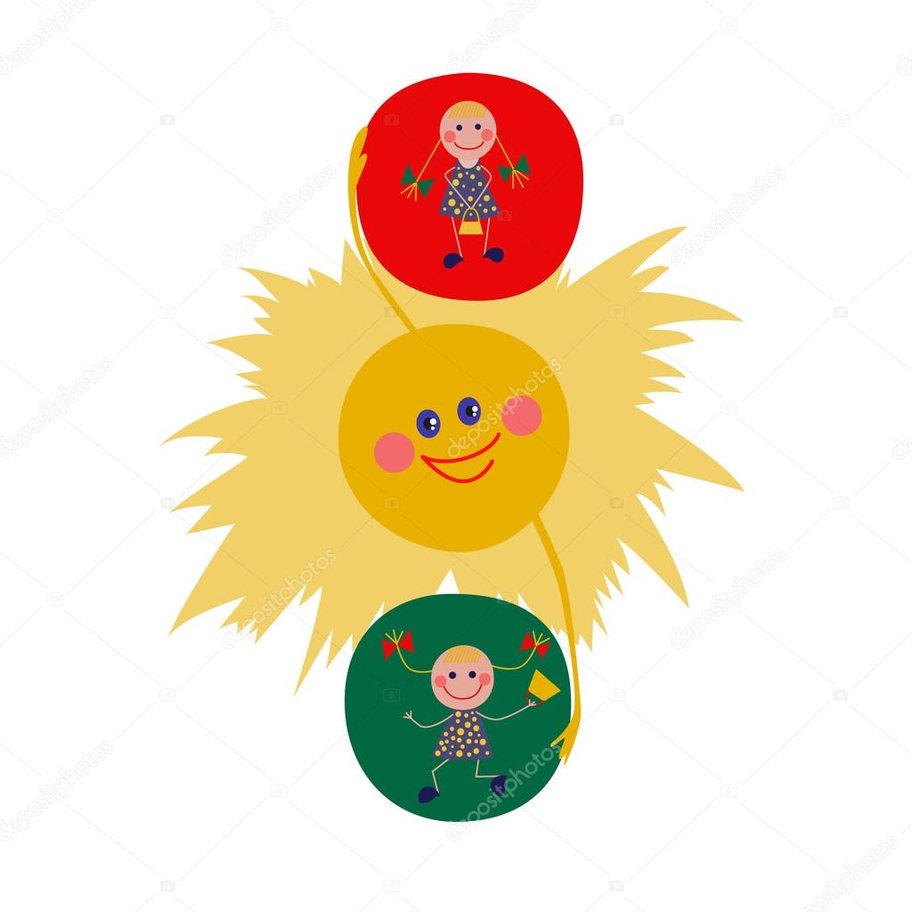 The traffic light consists the sun and the girls. Lovely illustration in cartoon flat style