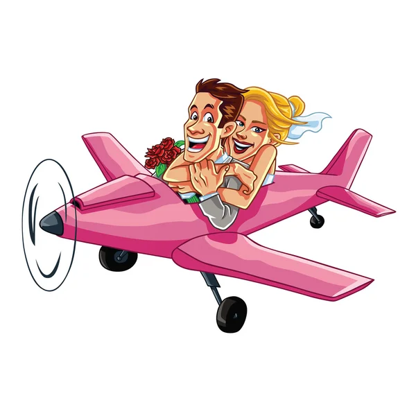 Только что поженившаяся пара на розовом самолете во время медового месяца — стоковый вектор
