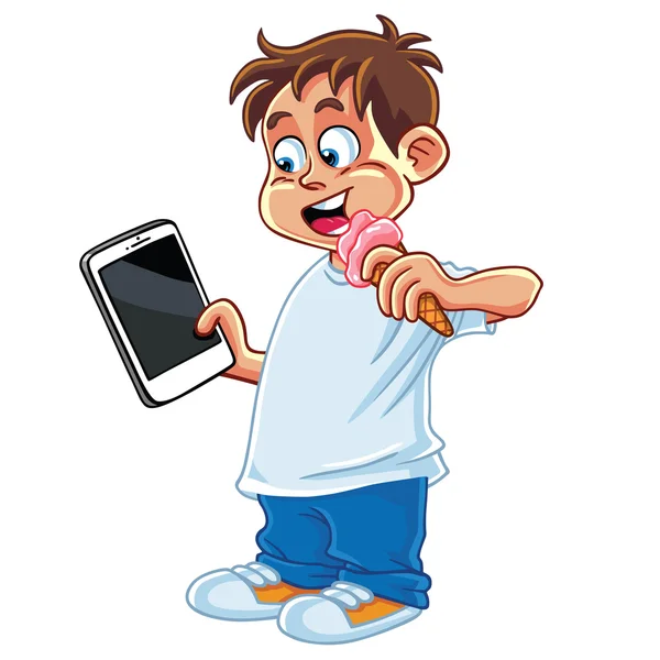 Kind spielt Tablet-Handy Cartoon-Vektor — Stockvektor