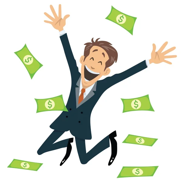 Успешный бизнесмен улыбается и прыгает с деньгами улетают — стоковый вектор