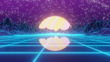 Reklam ve 80 'lerin retro ve bilim kurgu pop sanat sahneleri için 3 boyutlu illüstrasyon arka planı. Dekoratif konseptte 3B canlandırma.