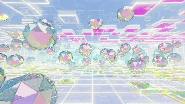 Reklamcılık ve 80 'lerin retro ve holografik sahnelerinde duvar kâğıdı için 3 boyutlu illüstrasyon arka planı. Dekoratif konseptte 3B canlandırma.