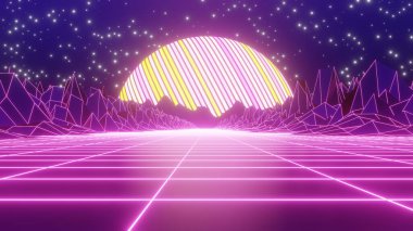 Reklam ve 80 'lerin retro ve bilim kurgu pop sanat sahneleri için 3 boyutlu illüstrasyon arka planı. Dekoratif konseptte 3B canlandırma.