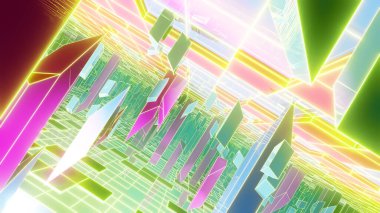 Reklamcılık ve 80 'lerin retro ve holografik sahnelerinde duvar kâğıdı için 3 boyutlu illüstrasyon arka planı. Dekoratif konseptte 3B canlandırma.