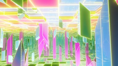 Reklam ve sanat retro ve holografik sahne duvar kağıtları için 3 boyutlu illüstrasyon arka planı. Dekoratif konseptte 3B canlandırma.