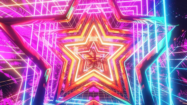 Reklam ve duvar kağıtları için retro ve bilim kurgu siber punk sahnesinde 3 boyutlu illüstrasyon. Dekoratif konseptte 3B canlandırma.