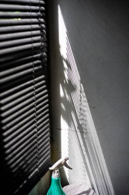 Işık ve Gölge Pencere Perdeleri 'nden geçecek, pencere perdeleri arasından ışık ve gölgenin dramatik bir fotoğrafı, yerleri kesen çizgiler, ev dekorasyonu kampanyası ya da iç mekan belgeseli için mükemmel..